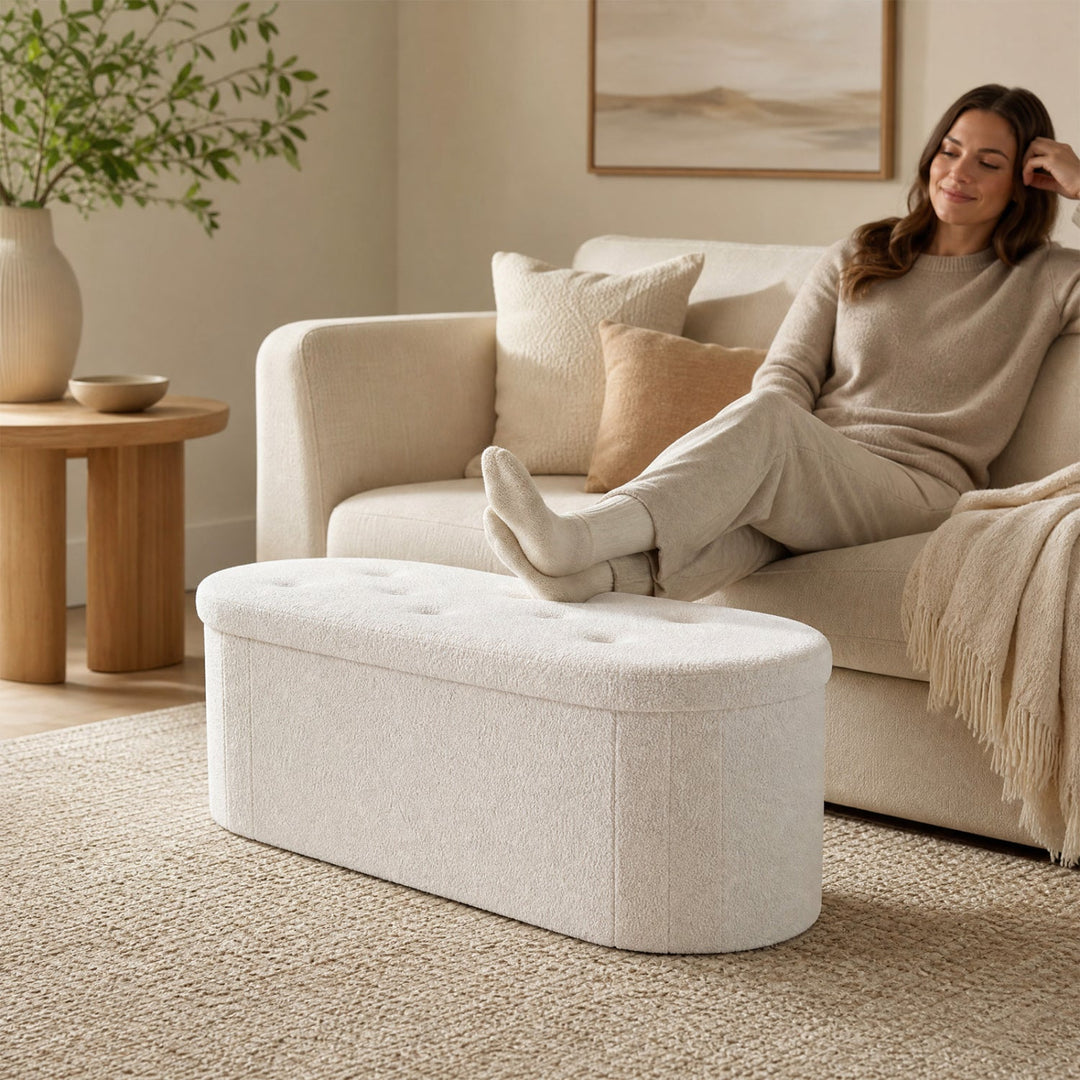 43" Folding Storage Ottoman Bench with Dividers - Teddy Fleece