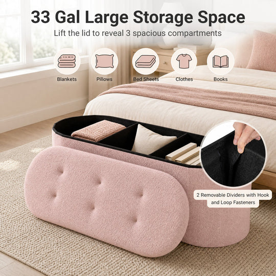 43" Folding Storage Ottoman Bench with Dividers - Teddy Fleece