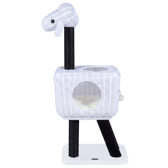 43-Inch Lamb-Shaped Cat Tower with 2-Door Rattan Condo for Indoor Kittens