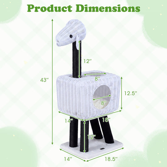 43-Inch Lamb-Shaped Cat Tower with 2-Door Rattan Condo for Indoor Kittens