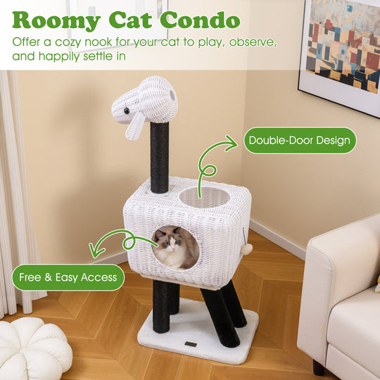 43-Inch Lamb-Shaped Cat Tower with 2-Door Rattan Condo for Indoor Kittens