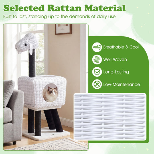 43-Inch Lamb-Shaped Cat Tower with 2-Door Rattan Condo for Indoor Kittens