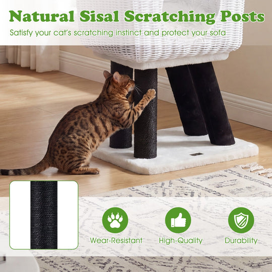 43-Inch Lamb-Shaped Cat Tower with 2-Door Rattan Condo for Indoor Kittens