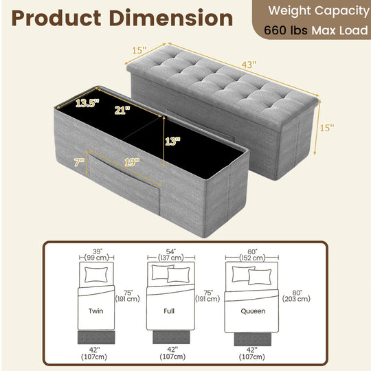 43 Inches Folding Storage Ottoman Bench Linen End of Bed Bench with Padded Seat