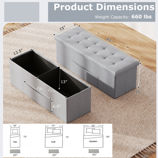 43 Inches Folding Storage Ottoman Bench Foot Rest Stool End of Bed Bench