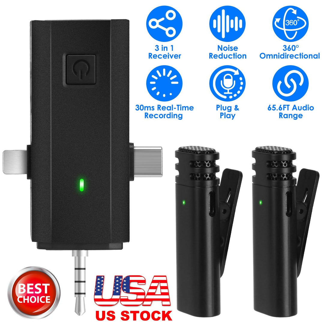 2 Pack 3 in 1 Wireless Clip On Microphone Omnidirectional Mic Noise Reduction Plug and Play 65.6FT Transmission Type-C IOS PC Video Record Interview V