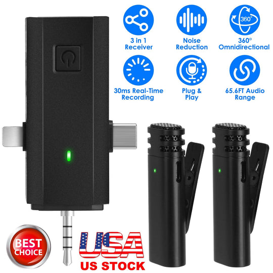 2 Pack 3 in 1 Wireless Clip On Microphone Omnidirectional Mic Noise Reduction Plug and Play 65.6FT Transmission Type-C IOS PC Video Record Interview V
