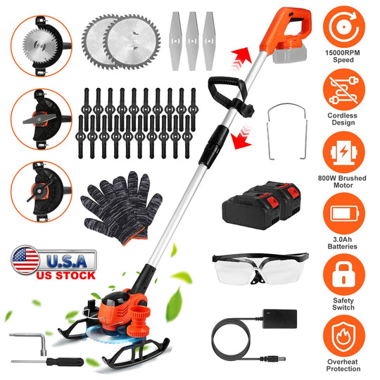Cordless Grass Trimmer With Wheels 2Pcs 3.0Ah Batteries Rechargeable Handhold Lawn Mower With 3 Types of Blades Head Angle Adjustable Lightweight for