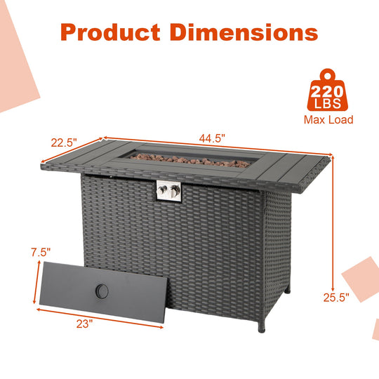44.5 Inch Propane Fire Pit Table Rattan Gas 2-in-1 with Stainless Steel Burner
