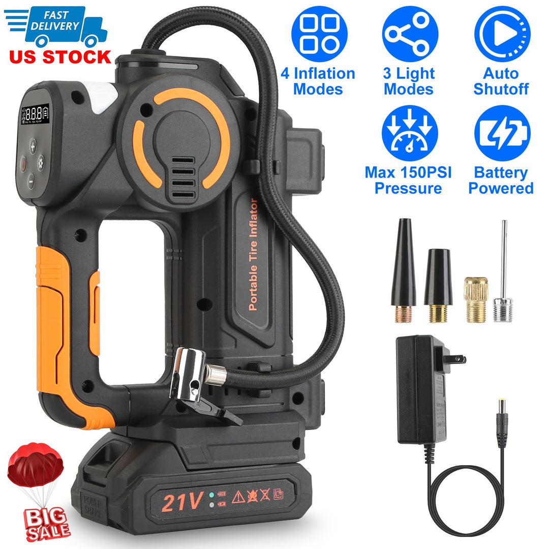 140W 150PSI 21V Battery Powered Tire Inflator Cordless Air Pump  Digital Air Compressor with LED Light for Cars Motorcycles Bicycles Balls