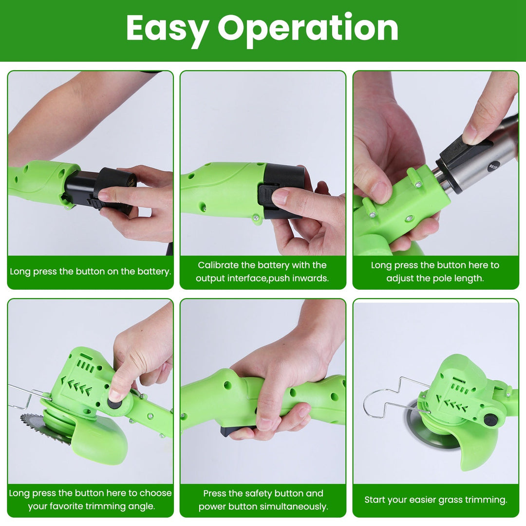 12V 200W Cordless Grass Trimmer Rechargeable Lawn Mower 9000M/Min Weed Cutter with Saw Blade 2 Stainless Steel Blades 10 Plastic Blades 2 Rechargeable