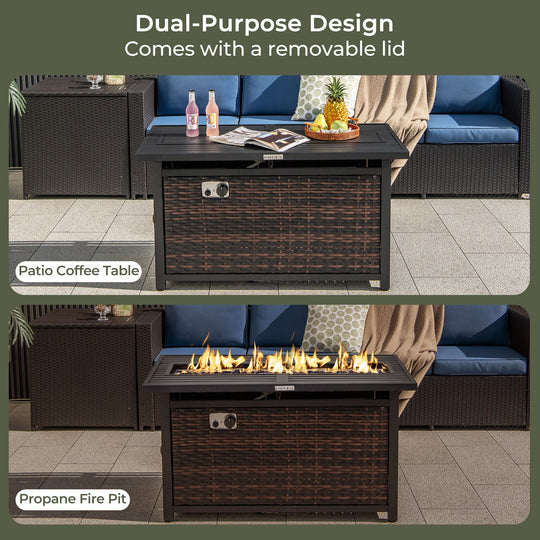45 Inch Propane Rattan Firepit Table with Glass Stones and Protective Cover-Mixed Brown