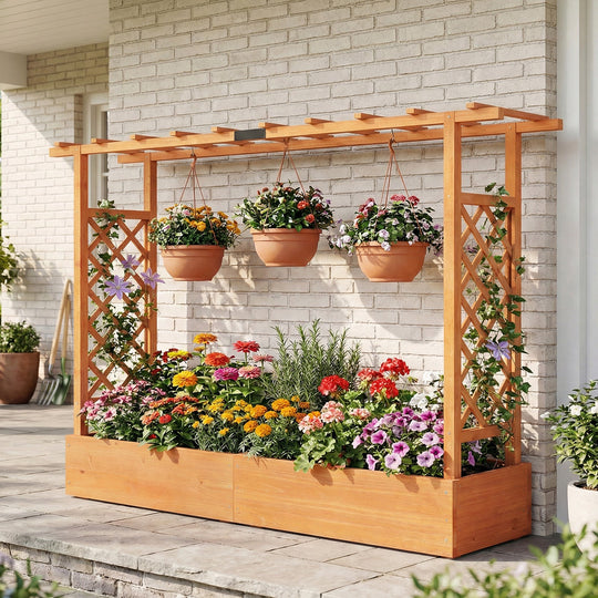 45 Inch Tall Wooden Raised Garden Bed with Side Trellis and Hanging Roof Drainage Holes