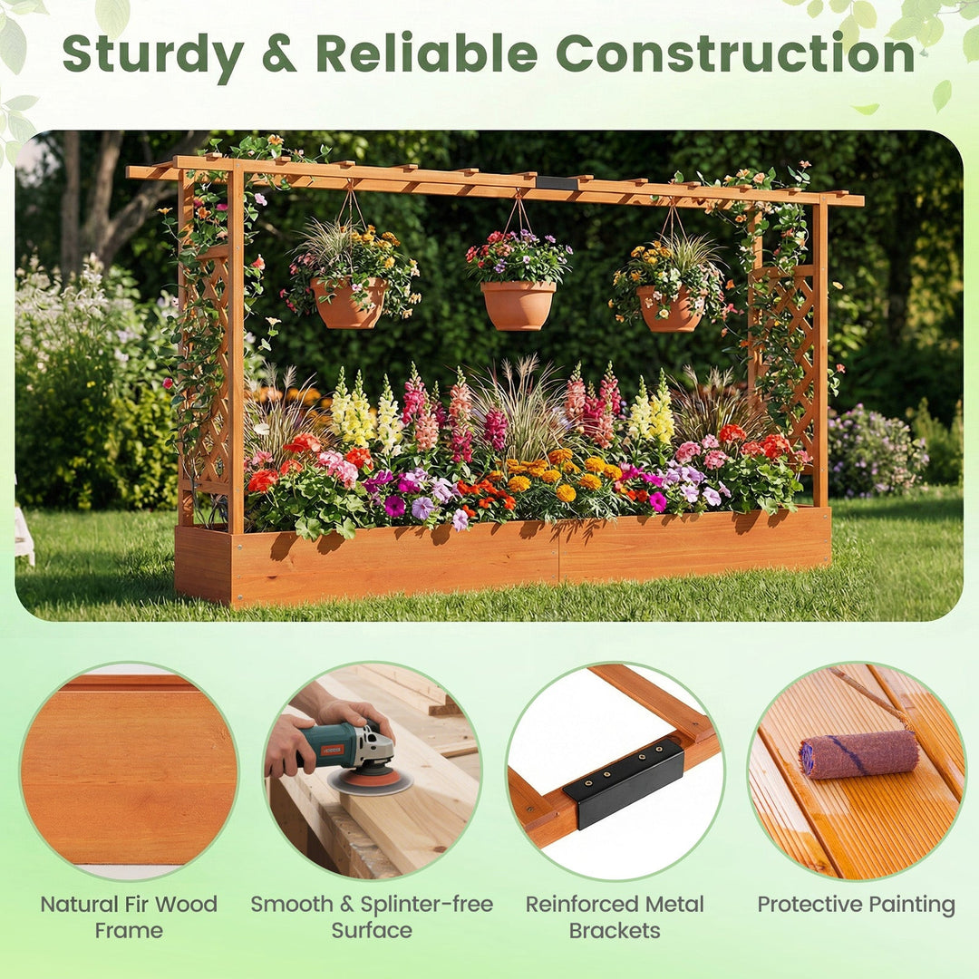 45 Inch Tall Wooden Raised Garden Bed with Side Trellis and Hanging Roof Drainage Holes