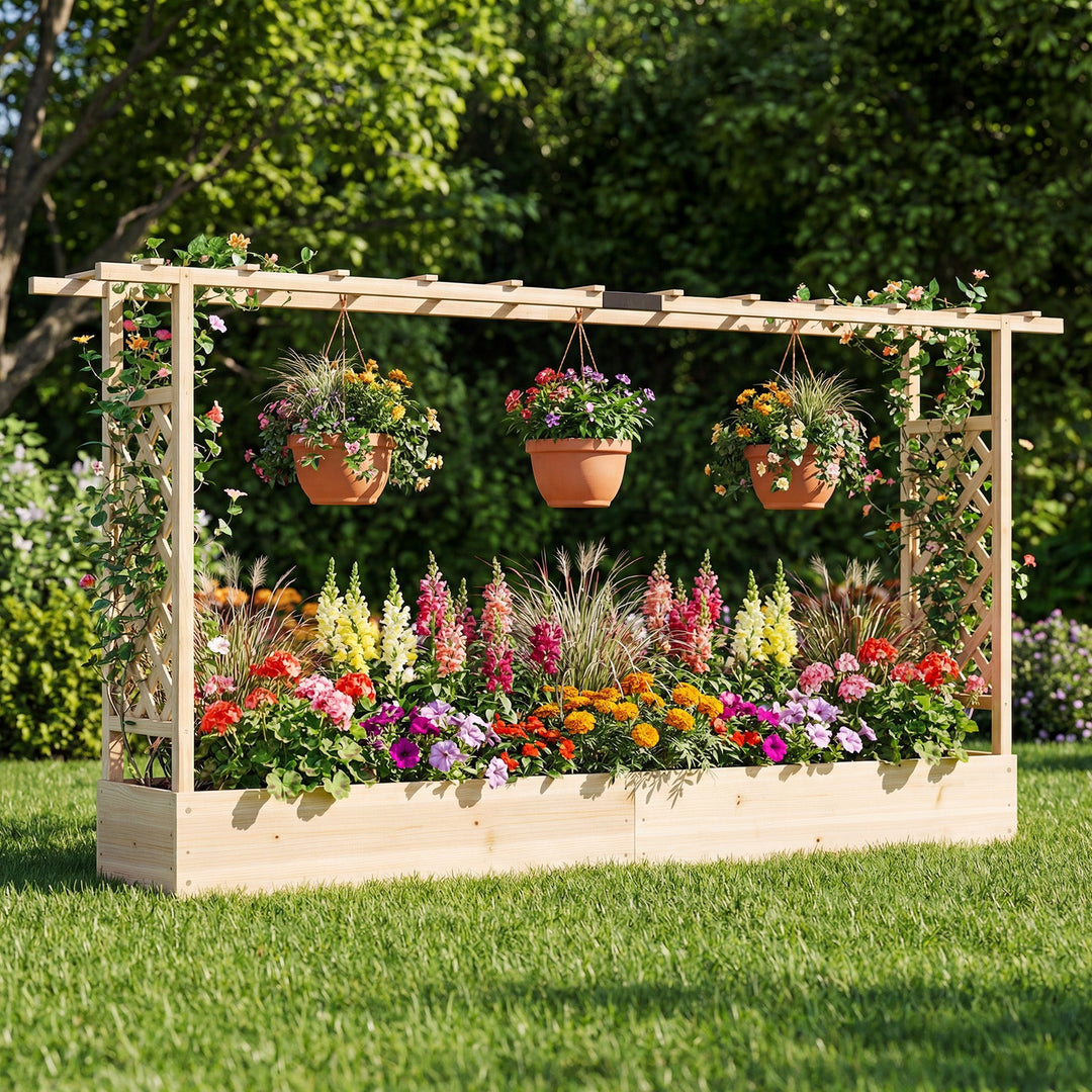 45 Inch Tall Wooden Raised Garden Bed with Side Trellis and Hanging Roof Drainage Holes