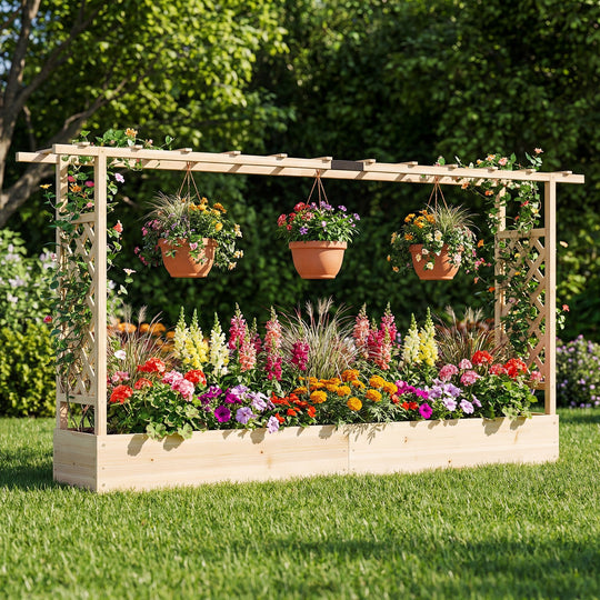 45 Inch Tall Wooden Raised Garden Bed with Side Trellis and Hanging Roof Drainage Holes