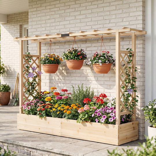 45 Inch Tall Wooden Raised Garden Bed with Side Trellis and Hanging Roof Drainage Holes