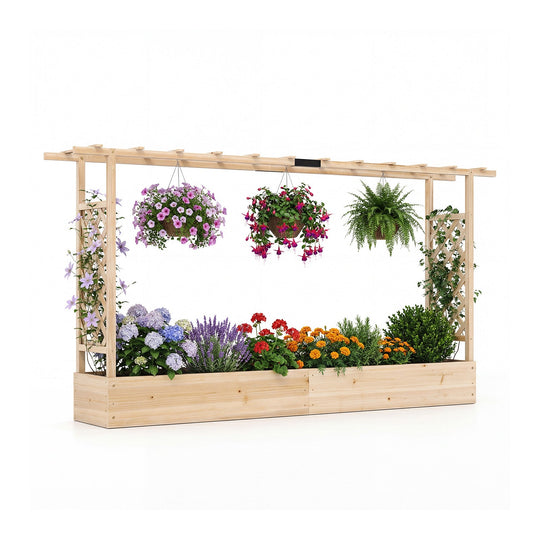 45 Inch Tall Wooden Raised Garden Bed with Side Trellis and Hanging Roof Drainage Holes