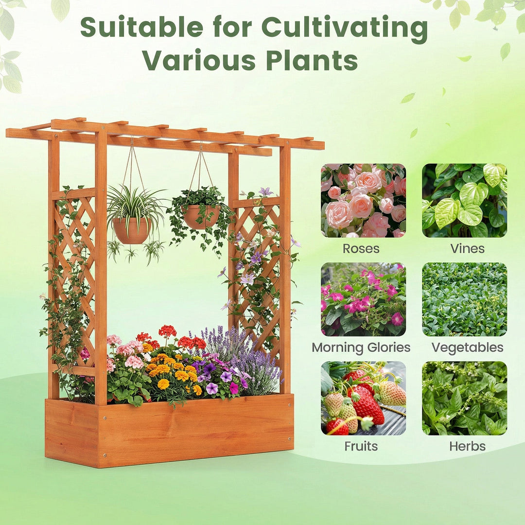 45 inch Tall Wooden Raised Garden Bed with Side Trellis and Hanging Roof