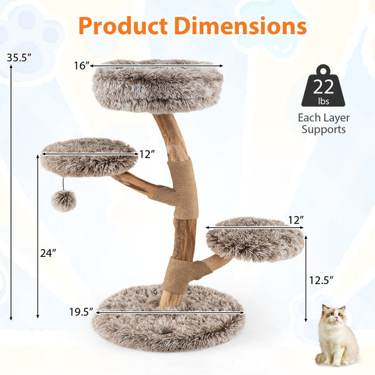Cat Tree Solid Pear Wood with Perch and Natural Jute Scratching Posts-Brown