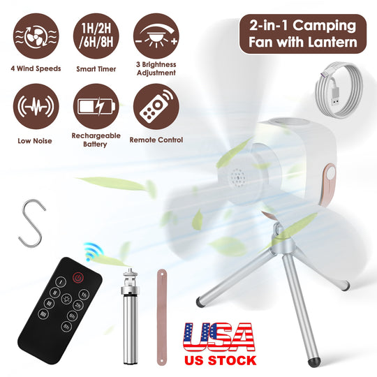 Rechargeable Tent Ceiling Fan with LED Light & Remote
