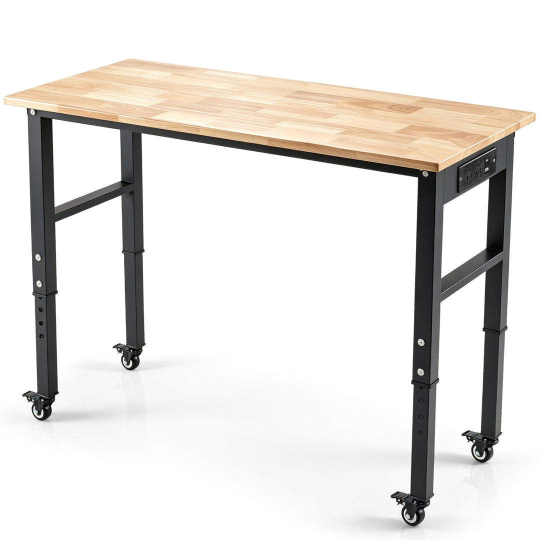 Adjustable Height Workbench with Wheels 46 Inch Oak Wood Top
