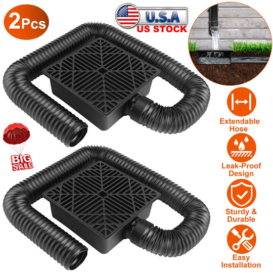 2Pcs Gutter Downspout Extension Low Profile No Deep Digging Catch Basin Downspout Extender with 4.9FT Flexible Extendable Hose For House Foundation Pr