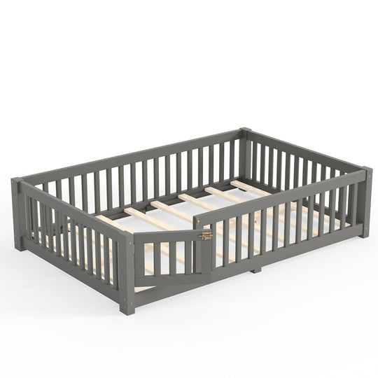 Montessori Floor Bed with Safety Guardrails and Lockable Door
