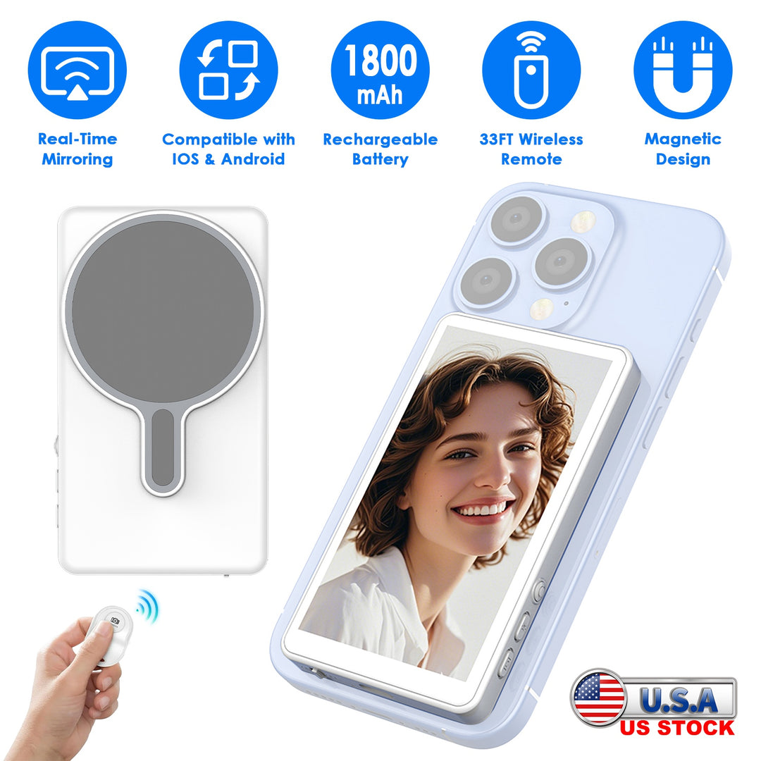 Vlog Selfie Monitor Screen Magnetic Rear Camera Phone Monitor Wireless Selfie Monitor Screen with 33FT Remote for Vlog Live Stream Compatible with IOS