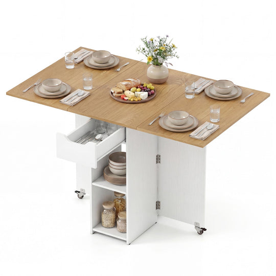 47.5 Inch Farmhouse Extendable Wooden Dinner Table with Lockable Wheels