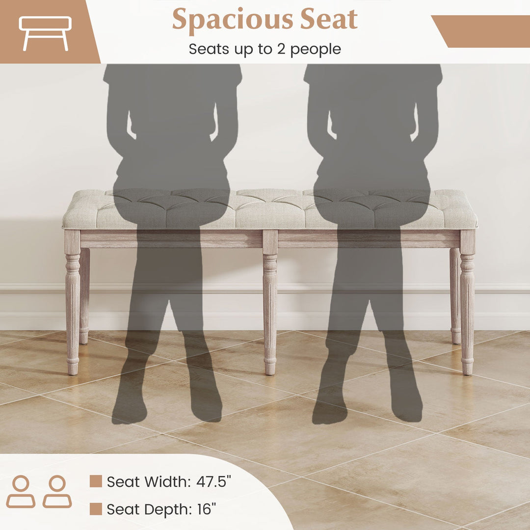 47.5 Inch Upholstered Bench with Carved Rubber Wood Legs and Padded Seat-Beige