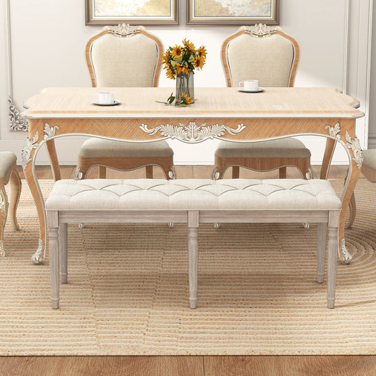 47.5 Inch Upholstered Bench with Carved Rubber Wood Legs and Padded Seat-Beige