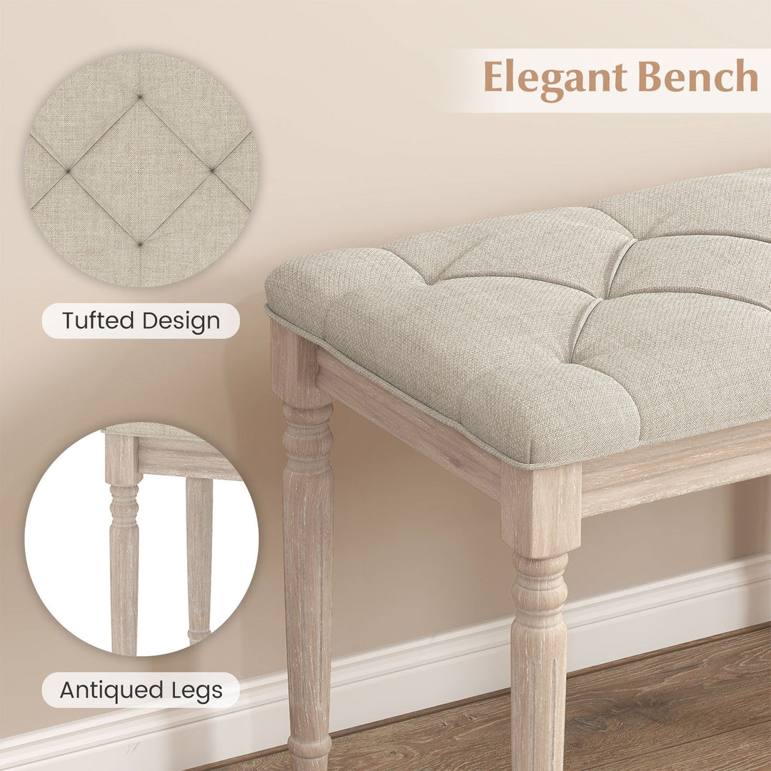 47.5 Inch Upholstered Bench with Carved Rubber Wood Legs and Padded Seat-Beige