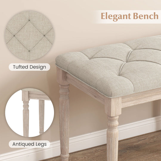 47.5 Inch Upholstered Bench with Carved Rubber Wood Legs and Padded Seat-Beige