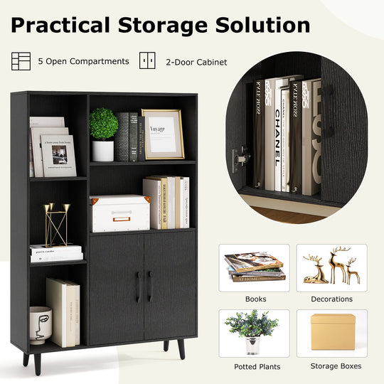 4 Inch Floor Bookshelf with 5 Open Compartments and Storage Cabinet-Black