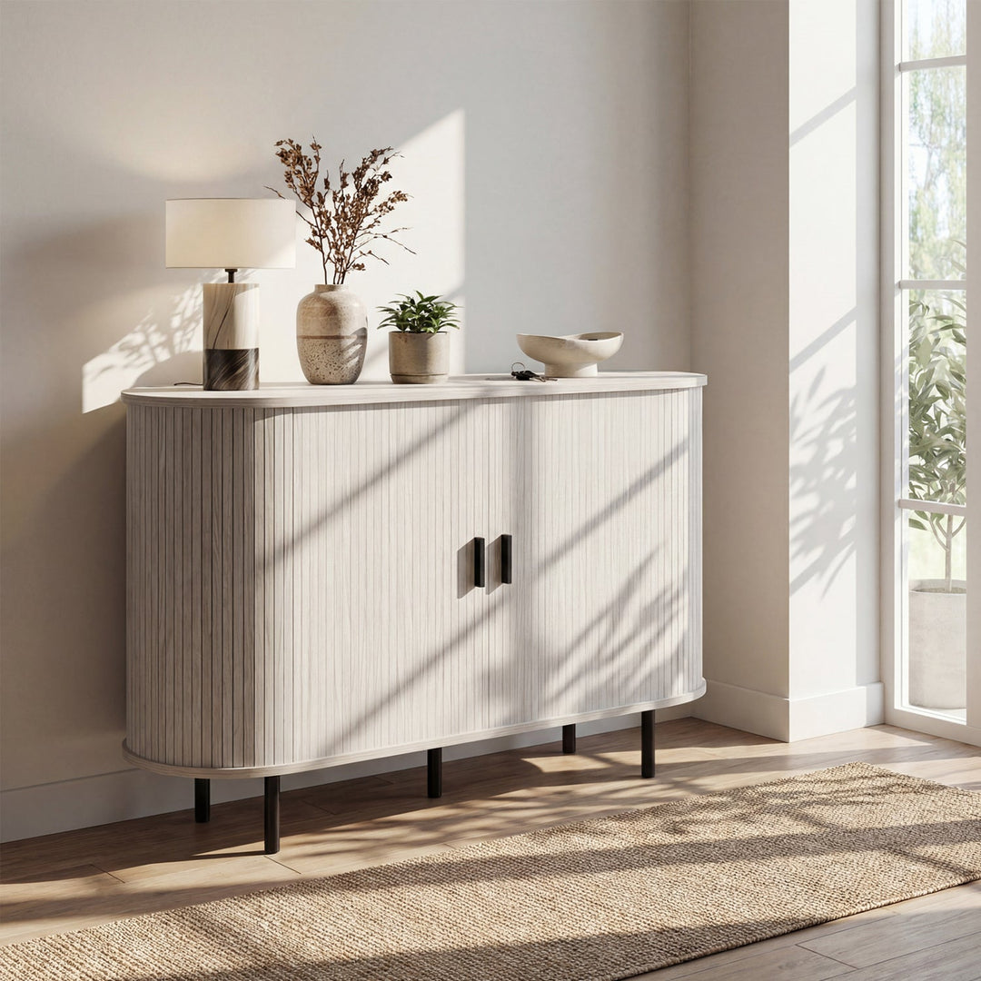 47 Inch Fluted Sideboard Buffet Cabinet with Tambour Sliding Doors and Metal Legs