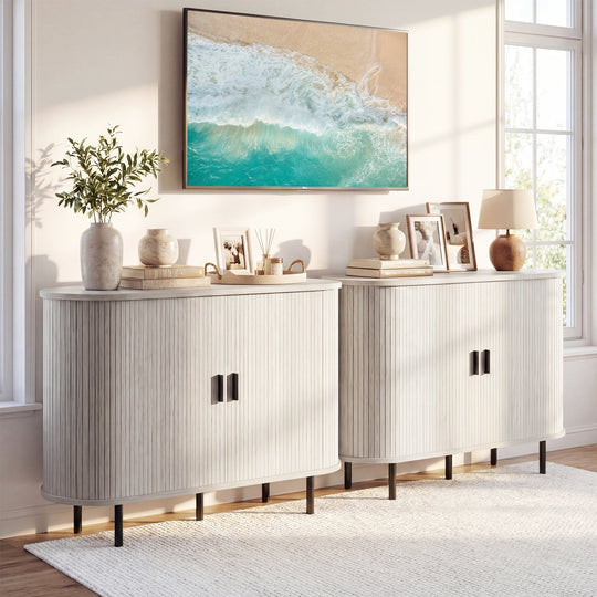 47 Inch Fluted Sideboard Buffet Cabinet with Tambour Sliding Doors and Metal Legs