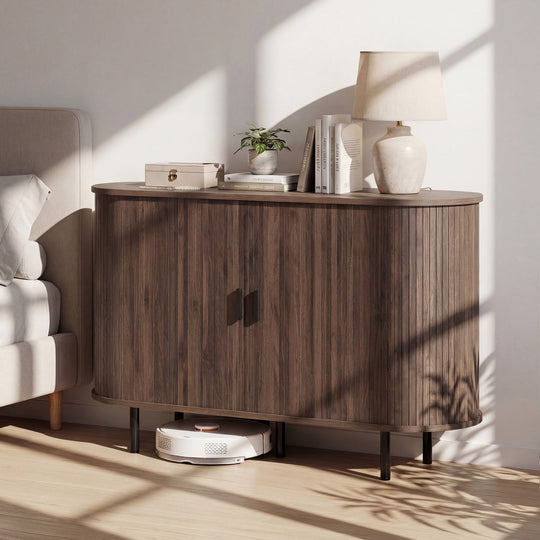 47 Inch Fluted Sideboard Buffet Cabinet with Tambour Sliding Doors and Metal Legs