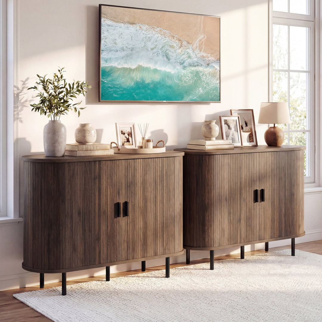 47 Inch Fluted Sideboard Buffet Cabinet with Tambour Sliding Doors and Metal Legs