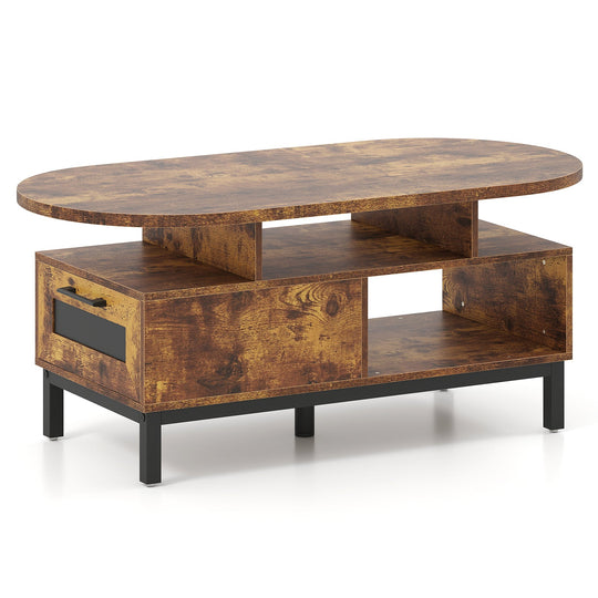 47 Inch Oval Coffee Table with Storage and Open Compartments for Living Room