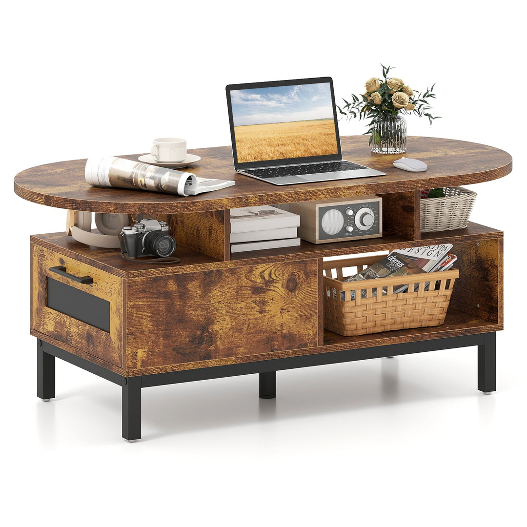 47 Inch Oval Coffee Table with Storage and Open Compartments for Living Room