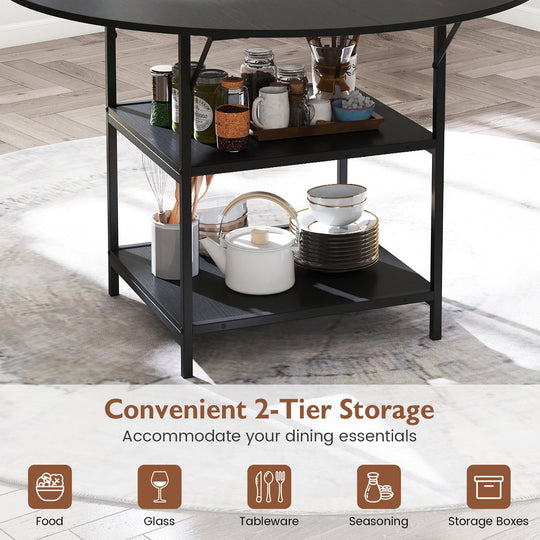 47 Inch Round Dining Table for 4-6 People Large Kitchen Table with 2-Tier Storage Shelves