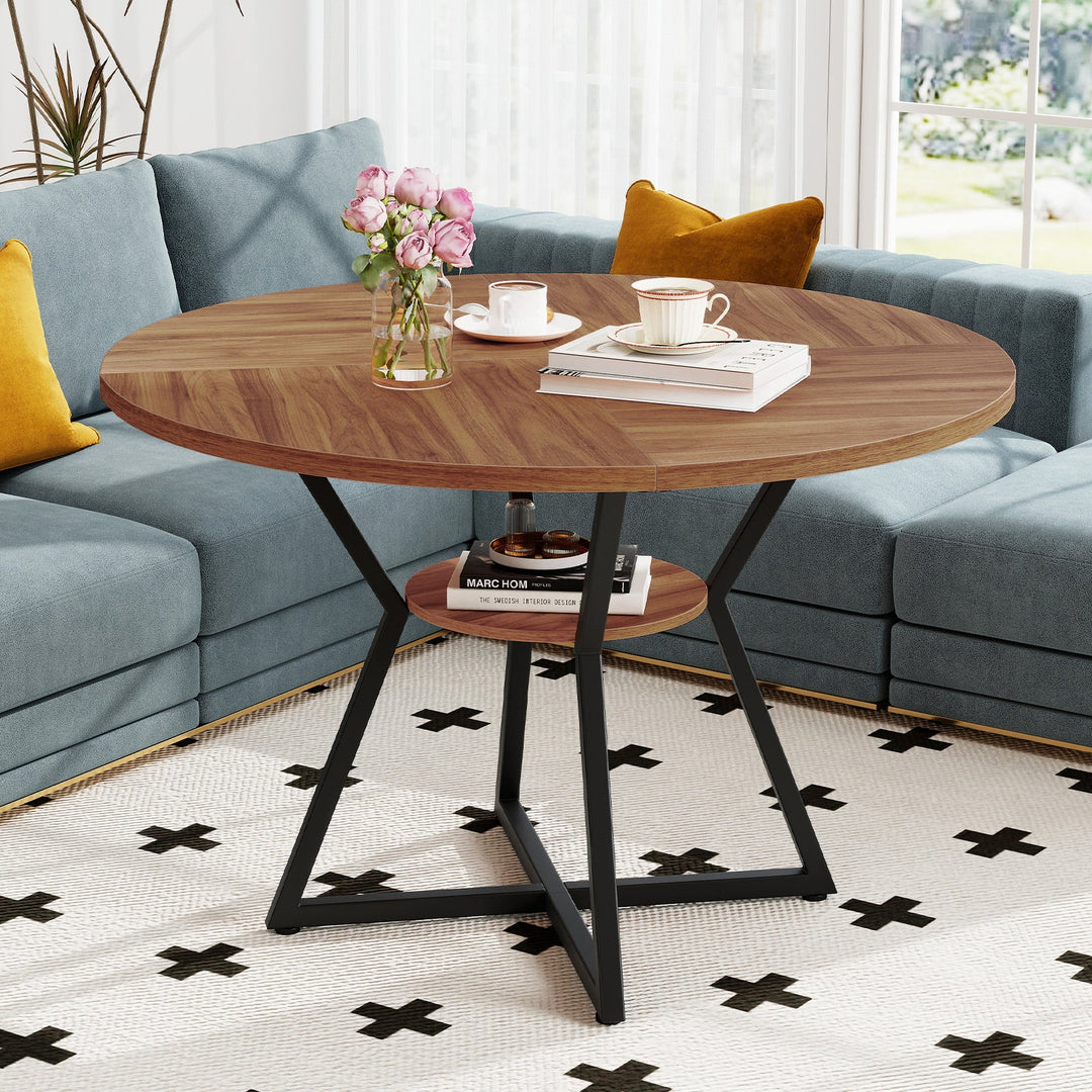 47" Round Dining Table for 4 with Storage Shelf-Brown