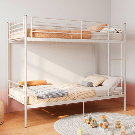 Twin Over Twin Metal Bunk Bed with Ladder and Guardrails