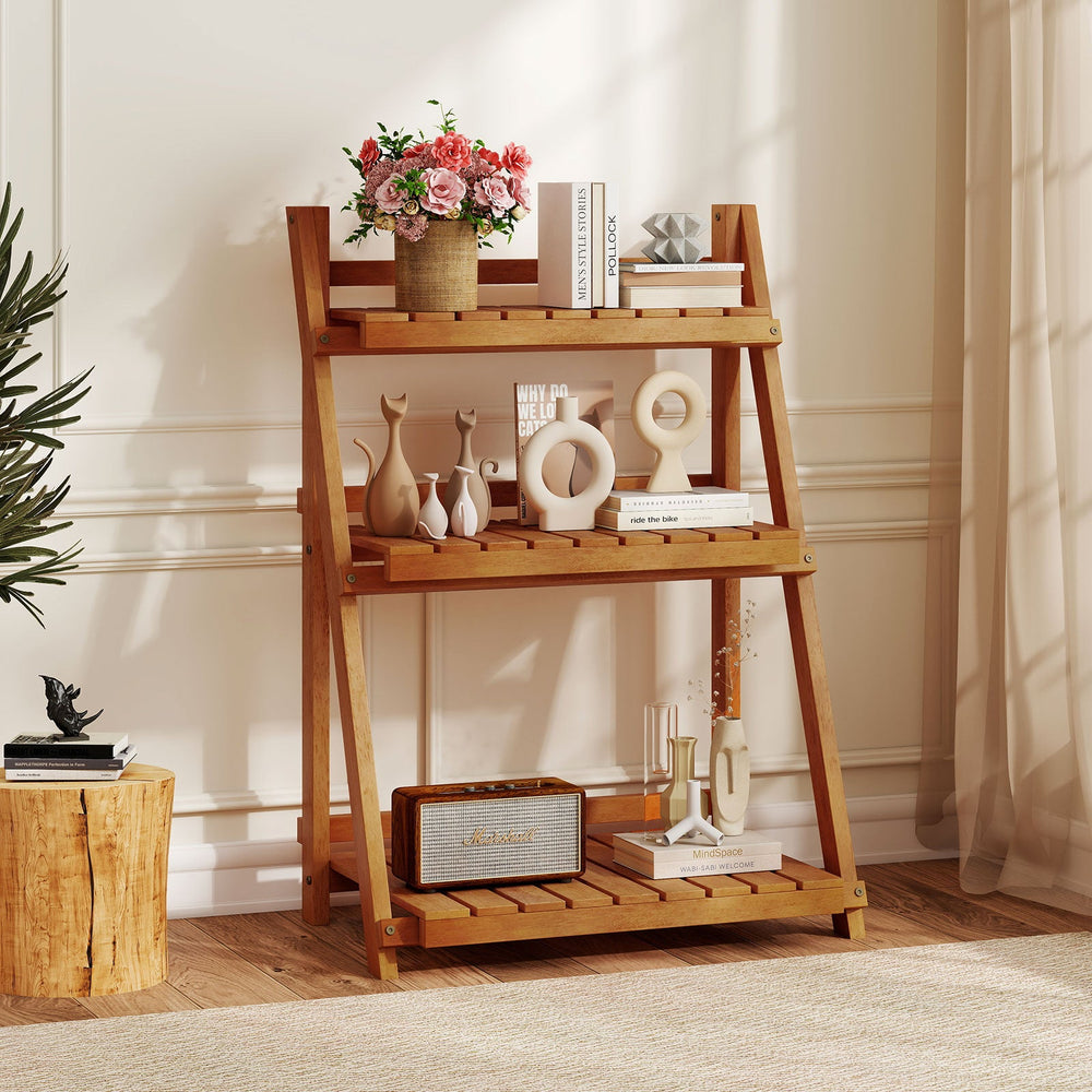 Foldable 3-Tier Solid Wood Plant Stand for Patio Balcony