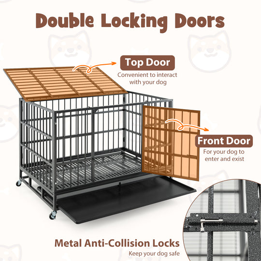 48 Inch Foldable Heavy-Duty Metal Dog Cage with Lockable Rolling Casters and Tray-48 inches