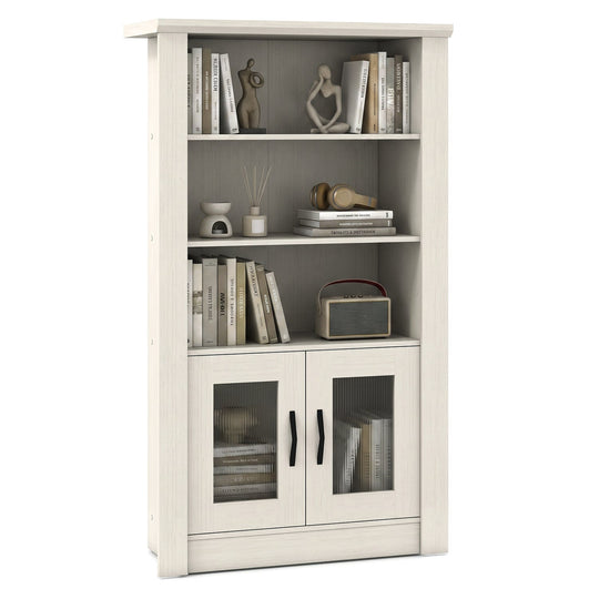 4-Tier Bookcase with Fluted Glass Doors 48.5" White Oak