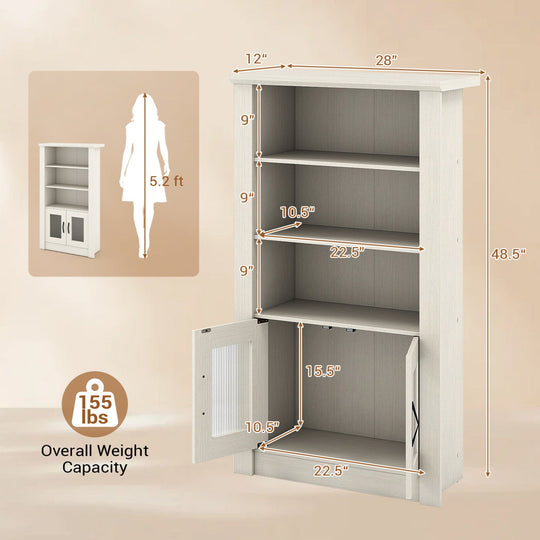 4-Tier Bookcase with Fluted Glass Doors 48.5" White Oak