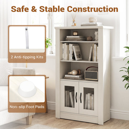4-Tier Bookcase with Fluted Glass Doors 48.5" White Oak