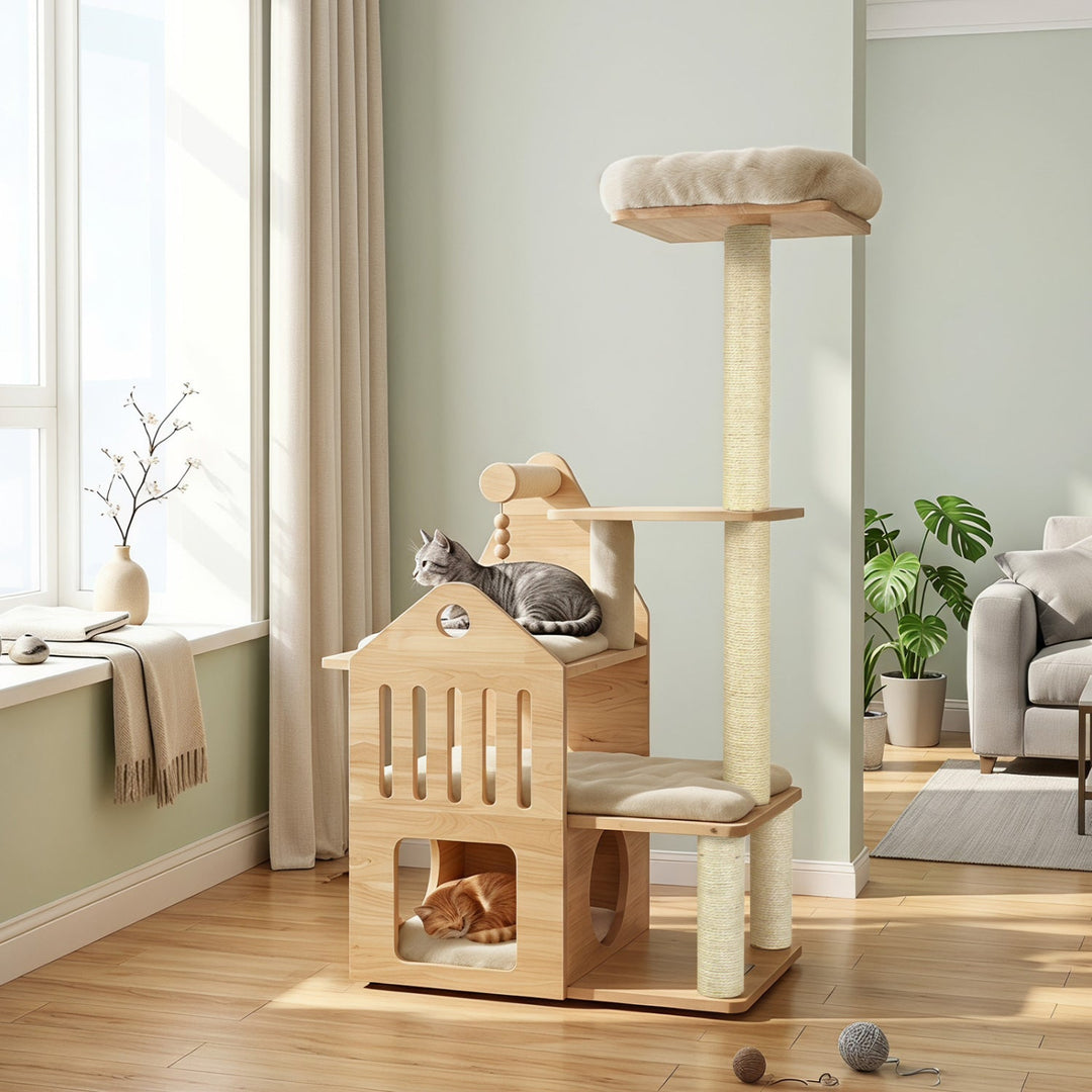 Multi-Level Solid Wood Cat Tree 48.5" with Condo & Scratchers